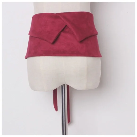 Burgundy Red Microfiber Faux Suede Wide Tie Belt